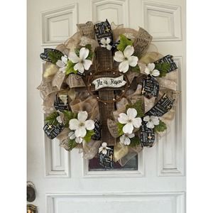 He is Risen Cross Religious Easter Dogwood Flowers Deco Mesh & Ribbon Wreath